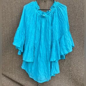 Azucar turquoise blue tiered sleeve tunic top gauze Ruffle Western Sz M